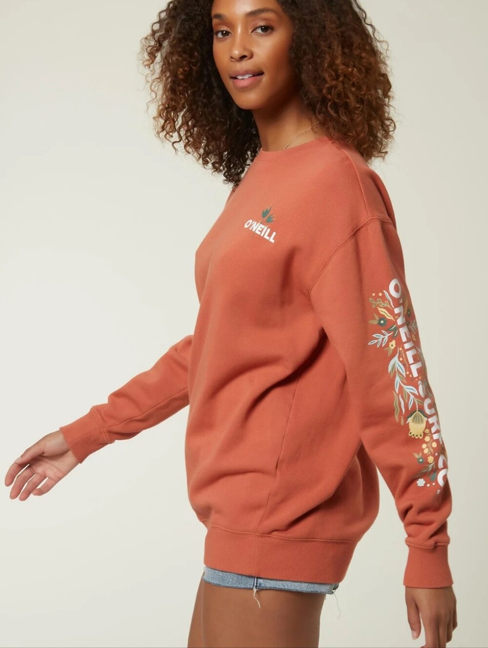 O'Neill Like NEW Rust Orange Floral Surf Casual Crewneck Sweatshirt Oversized M
